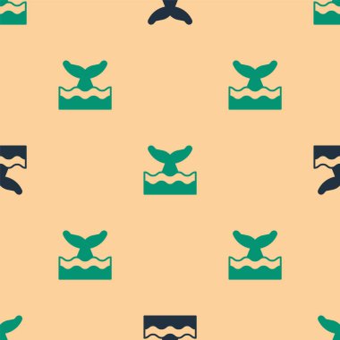 Okyanus dalgası ikonunda yeşil ve siyah balina kuyruğu bej arka planda izole edilmiş. Vektör.