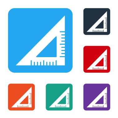 Beyaz Üçgen cetvel simgesi beyaz arkaplanda izole edildi. Düz sembol. Geometrik sembol. Renkli kare düğmelerle simgeleri ayarla. Vektör.