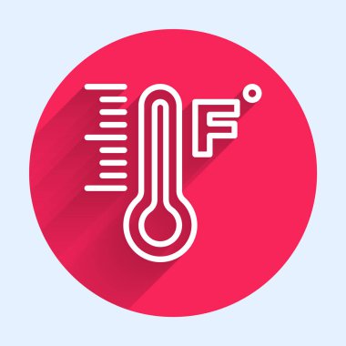 Beyaz çizgi Meteoroloji termometresi ısıyı ve soğuk ikonu uzun gölgede izole ediyor. Sıcaklık Fahrenhayt. Kırmızı daire düğmesi. Vektör.