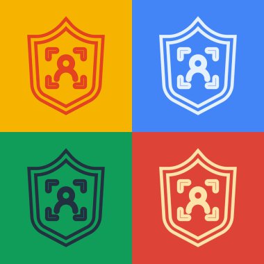 Pop Art Line Shield yüz tanıma simgesi renk arkaplanında izole edildi. Yüz tanımlama simgesi. Yüz tanıma. Siber güvenlik kavramı. Vektör.