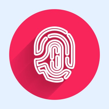 Beyaz çizgi parmak izi simgesi uzun gölgeli izole edilmiş. Kimlik uygulaması simgesi. Kimlik işareti. Kimliğe dokun. Kırmızı daire düğmesi. Vektör.