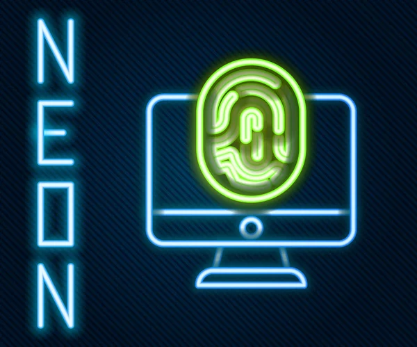 Linha Néon Brilhante Monitor Com Ícone Impressão Digital Isolado Fundo — Vetor de Stock