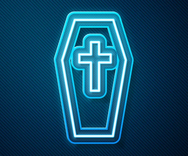 Coffin Línea Neón Brillante Con Icono Cruz Cristiana Aislado Sobre — Vector de stock