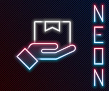 Siyah arkaplanda karton kutular olan parlak neon çizgisi dağıtım eli. Kuryeyle kapı kapı dolaşacağız. Renkli taslak konsepti. Vektör İllüstrasyonu.