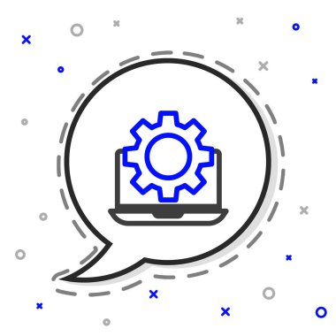 Dizüstü bilgisayar ve dişli simgesi beyaz arkaplanda izole edildi. Uygulama ayarlanıyor, seçenekler ayarlanıyor, bakım, onarım, onarım. Renkli taslak konsepti. Vektör İllüstrasyonu.