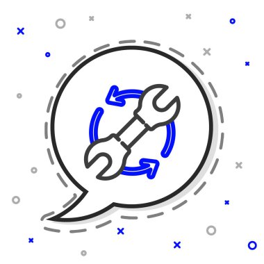 Çalışma akışı simgesi olarak çizgi anahtarı ve oklar beyaz arkaplanda izole edildi. Ayarlama, servis, ayar, bakım, onarım, onarım. Renkli taslak konsepti. Vektör İllüstrasyonu.