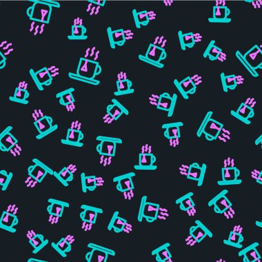 Çay poşeti ikonlu çizgi çay fincanı siyah arka planda izole edilmiş pürüzsüz desen. Vektör İllüstrasyonu.