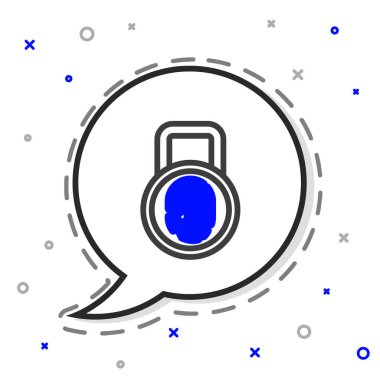 Beyaz arkaplanda kilit simgesi izole edilmiş çizgi parmak izi. Kimlik uygulaması simgesi. Kimlik işareti. Kimliğe dokun. Renkli taslak konsepti. Vektör.