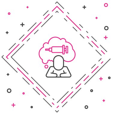 Uyuşturucu ikonuna olan çizgi bağımlılığı beyaz arka planda izole edildi. Eroin, uyuşturucu, bağımlılık, yasadışı. Elinde şırınga ve ilaç olan hasta bir keş. Renkli taslak konsepti. Vektör.