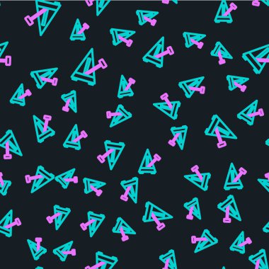 Hareket simgesinde sarkacı olan klasik çizgi metronomu siyah arkaplanda izole edilmiş pürüzsüz desen. Müzik ve ritim mekanizması. Vektör.