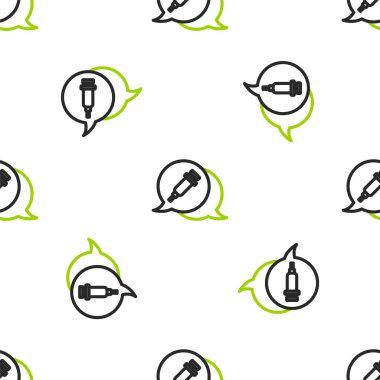 Uyuşturucu ikonuna olan çizgi bağımlılığı beyaz arkaplandaki kusursuz deseni izole etti. Eroin, uyuşturucu, bağımlılık, yasadışı. Elinde şırınga ve ilaç olan hasta bir keş. Vektör.