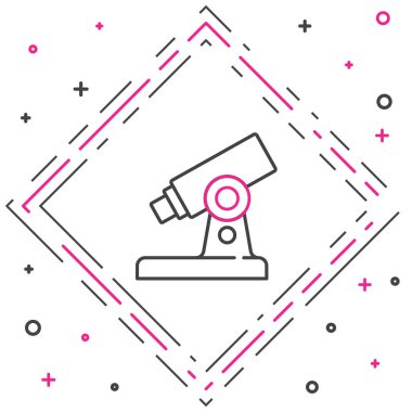 Beyaz arkaplanda çizgi mikroskobu simgesi izole edildi. Kimya, ilaç aleti, mikrobiyoloji büyütme aracı. Renkli taslak konsepti. Vektör.