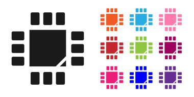 Beyaz zemin üzerinde mikro devre işlemci simgesi olan siyah bilgisayar işlemcisi. Devre kartlı çip ya da işlemci. Mikro işlemci. Simgeleri renklendirin. Vektör İllüstrasyonu.