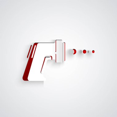 Kağıt, gri zemin üzerinde kızılötesi ışık ikonu olan dijital temassız termometre kesti. Kağıt sanatı tarzı. Vektör.