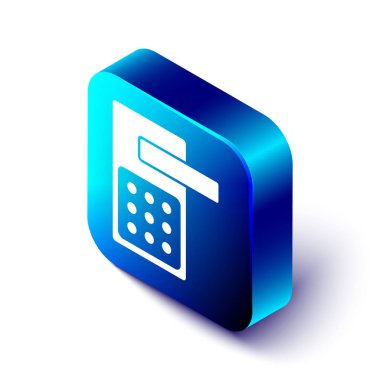 Beyaz arkaplanda izole edilmiş ikonu açmak için kablosuz teknolojiye sahip Isometric Dijital kapı kilidi. Kapı kolu tabelası. Güvenlik akıllı ev. Mavi kare düğme. Vektör.