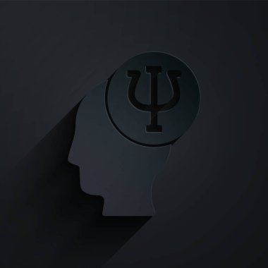 Kağıt kesiği psikoloji ikonu siyah arka planda izole edilmiş. Psi sembolü. Akıl sağlığı konsepti, psikanaliz analizi ve psikoterapi. Kağıt sanatı tarzı. Vektör.