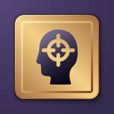 Mor arkaplanda izole edilmiş bir psikoloji ikonu sorunu bulmak. Altın kare düğme. Vektör.