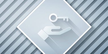 Kağıt, gri arka planda izole edilmiş psikoloji ikonundaki soruna çözüm getirdi. Anahtar. Akıl sağlığı terapisi. Kağıt sanatı tarzı. Vektör.