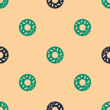 Yeşil ve siyah donut, tatlı simgeli, bej arka planda izole edilmiş, pürüzsüz desenli. Vektör.