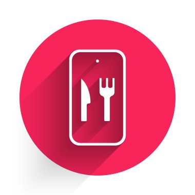 White Online sipariş ve fast food dağıtım ikonu uzun gölgeli. Burger tabelası. Kırmızı daire düğmesi. Vektör.