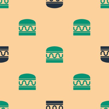 Yeşil ve siyah Burger ikonu, bej arka planda pürüzsüz desen izole etti. Hamburger ikonu. Çizburger sandviç tabelası. Fast food menüsü. Vektör.