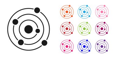 Siyah Güneş Sistemi simgesi beyaz arkaplanda izole edildi. Gezegenler yıldızın etrafında dönerler. Simgeleri renklendirin. Vektör.