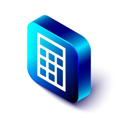 Isometric Hesap Makinesi simgesi beyaz arkaplanda izole edildi. Muhasebe sembolü. İş hesaplamaları matematik eğitimi ve finans. Mavi kare düğme. Vektör.