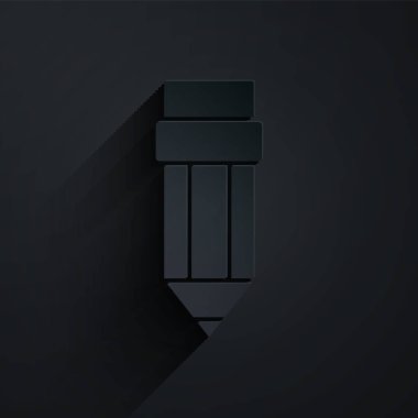 Siyah arkaplanda silgi simgesiyle kağıt kesiği. Çizim ve eğitim araçları. Okul sembolü. Kağıt sanatı tarzı. Vektör.