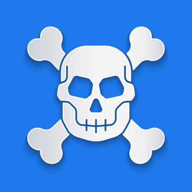 Kağıt, Skull 'u mavi arka planda izole edilmiş çapraz kemik simgesinde kesti. Mutlu Cadılar Bayramı Partisi. Kağıt sanatı tarzı. Vektör.