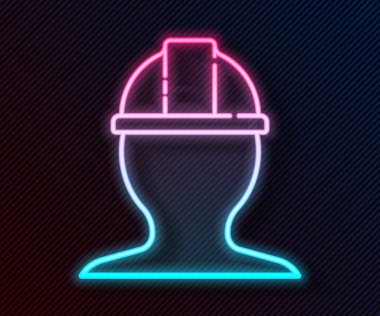 Parlayan neon hattı İşçi Kaskı simgesi siyah arkaplanda izole edildi. Vektör İllüstrasyonu.