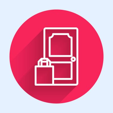 İnternetten sipariş edilen beyaz hat ve fast food dağıtım ikonu uzun gölgeli. Kırmızı daire düğmesi. Vektör İllüstrasyonu.