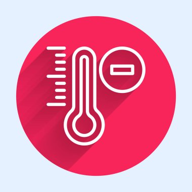 Meteoroloji termometresi uzun gölgeli izole edilmiş ikonu ölçüyor. Termometre termometresi sıcak ya da soğuk hava gösteriyor. Kırmızı daire düğmesi. Vektör.