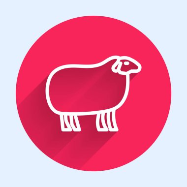 Beyaz çizgi koyun simgesi uzun gölgeli izole edilmiş. Hayvan sembolü. Kırmızı daire düğmesi. Vektör.