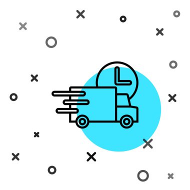 Siyah çizgi, beyaz arka planda izole edilmiş araba ikonu ile günün her saati hızla teslim edilir. Rastgele dinamik şekiller. Vektör.