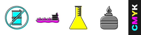 ガソリン オイルタンカー船 オイルガソリン試験管とアルコールや精神バーナーアイコンのためのバレルを設定しません ベクトル — ストックベクタ