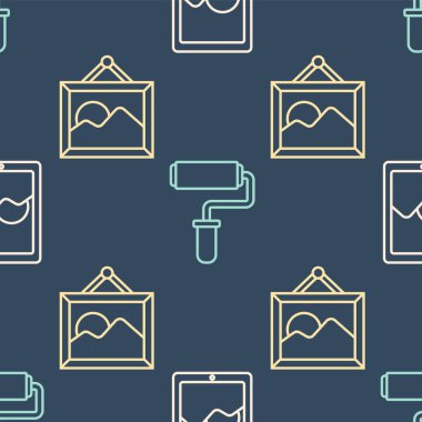 Çizgi grafiksel tablet, resim manzarası ve boya fırçasını pürüzsüz desen üzerine ayarla. Vektör.