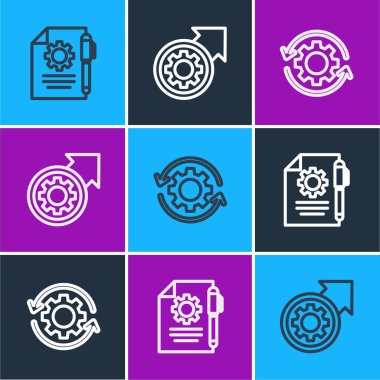 Satır Belge ayarlarını ve kalemi, Vites oklarını iş akışı ve işlem simgesi olarak ayarla. Vektör.