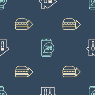 Çevrimiçi sipariş ve teslimat hattı, Burger ve Food 'u kusursuz düzende ayarlayın. Vektör.