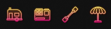 Set hattı Paddle, Rv Kamp karavanı, Aksiyon ekstrem kamerası ve plaj için güneş koruyucu şemsiyesi. Parlayan neon ikonu. Vektör.