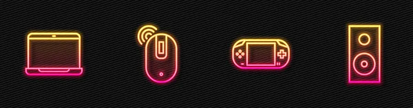 设置线便携式视频游戏控制台 笔记本电脑 无线计算机鼠标和立体声扬声器 发光的霓虹灯图标 — 图库矢量图片