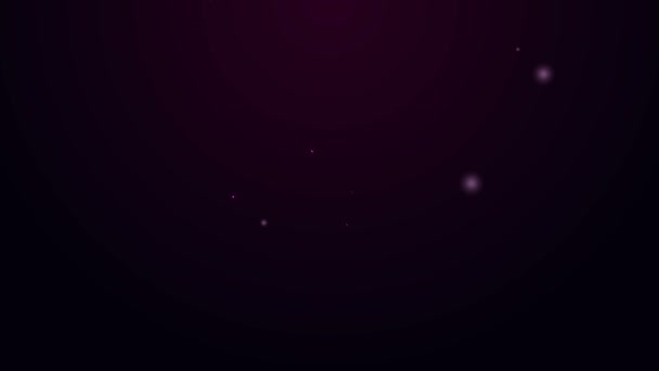 Ligne lumineuse néon Verre grossissant avec icône de feuille isolée sur fond violet. Biologie scientifique, étudier la feuille de la nature. Animation graphique de mouvement vidéo 4K — Video