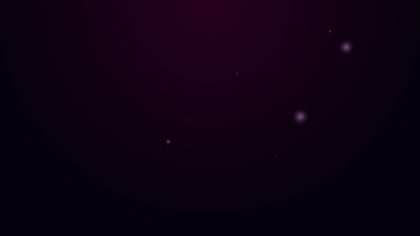 Ligne lumineuse néon Verre grossissant avec icône globe isolé sur fond violet. Analyser le monde. Panneau de recherche global. Animation graphique de mouvement vidéo 4K — Video
