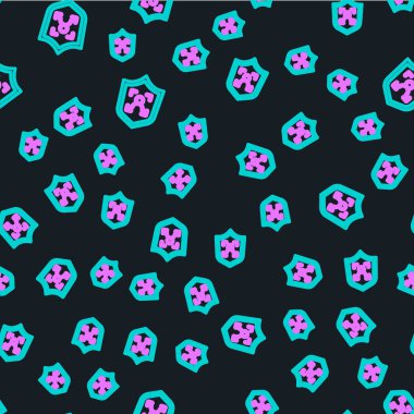 Çizgi Kalkanı yüz tanıma simgesi siyah arkaplanda izole edilmiş pürüzsüz desen. Yüz tanımlama simgesi. Yüz tanıma. Siber güvenlik kavramı. Vektör.