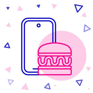 Çevrimiçi sipariş verme ve fast food dağıtım simgesi beyaz arka planda izole edildi. Burger tabelası. Renkli taslak konsepti. Vektör.