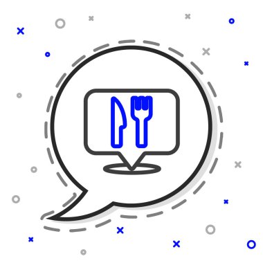 Line Cafe ve restoran konumu simgesi beyaz arka planda izole edildi. Noktanın içinde çatal ve kaşık yeme işareti var. Renkli taslak konsepti. Vektör..