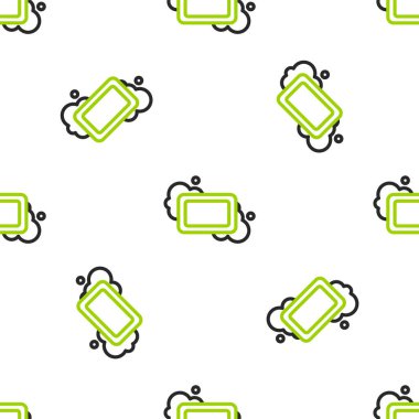 Sabun simgesinin çizgi çubuğu beyaz arkaplanda izole edilmiş pürüzsüz desen. Köpüklü sabun çubuğu. Vektör.