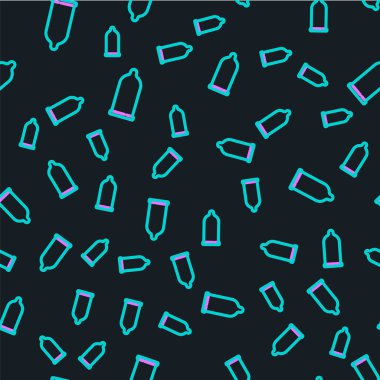 Çizgi prezervatif güvenli seks ikonu siyah arka planda izole edilmiş kusursuz desen. Güvenli aşk sembolü. Erkekler için doğum kontrol yöntemi. Vektör.