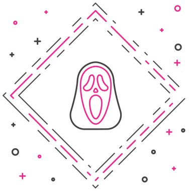 Beyaz arka planda izole edilmiş Cadılar Bayramı ikonu için çizgi komik ve korkutucu hayalet maskesi. Mutlu Cadılar Bayramı Partisi. Renkli taslak konsepti. Vektör.