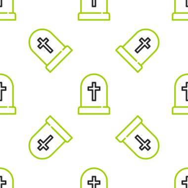 Çizgi Tombstone, çapraz simge ile izole edilmiş, beyaz arkaplan üzerinde kusursuz desen. Mezar ikonu. Mutlu Cadılar Bayramı Partisi. Vektör.