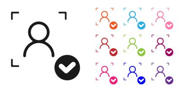 Beyaz arkaplanda siyah yüz tanıma simgesi izole edildi. Yüz tanımlama simgesi. Yüz tanıma. Siber güvenlik kavramı. Simgeleri renklendirin. Vektör.